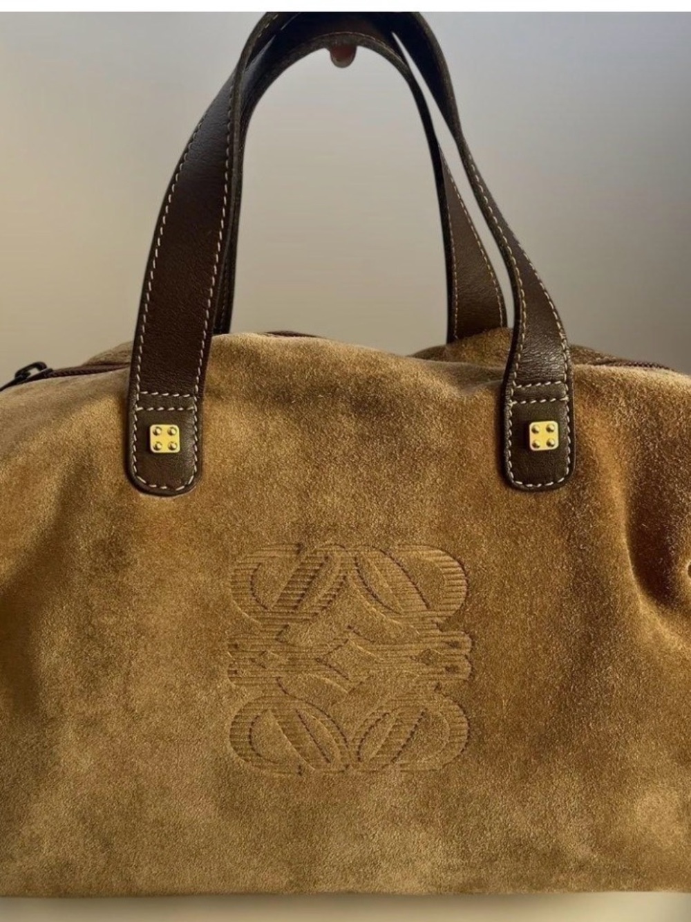 Loewe Tan Suede Boston with Brown Leather Handles
